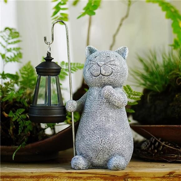 Solar Garden Statue Cat Figurine- Garden Art with Solar Lantern, Loving Cat - Picture 6 of 7